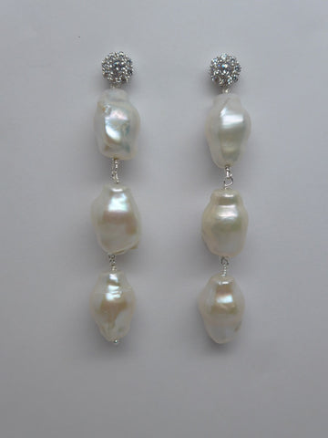 Sterling Silver Cubic Zirconia Post White Baroque Cultured Pearls Earrings