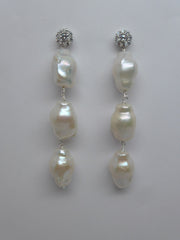 Sterling Silver Cubic Zirconia Post White Baroque Cultured Pearls Earrings