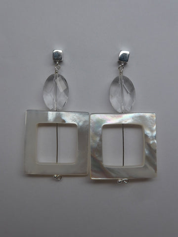 Sterling Silver Square Post, Mother of Pearl and Rock Crystal Earrings