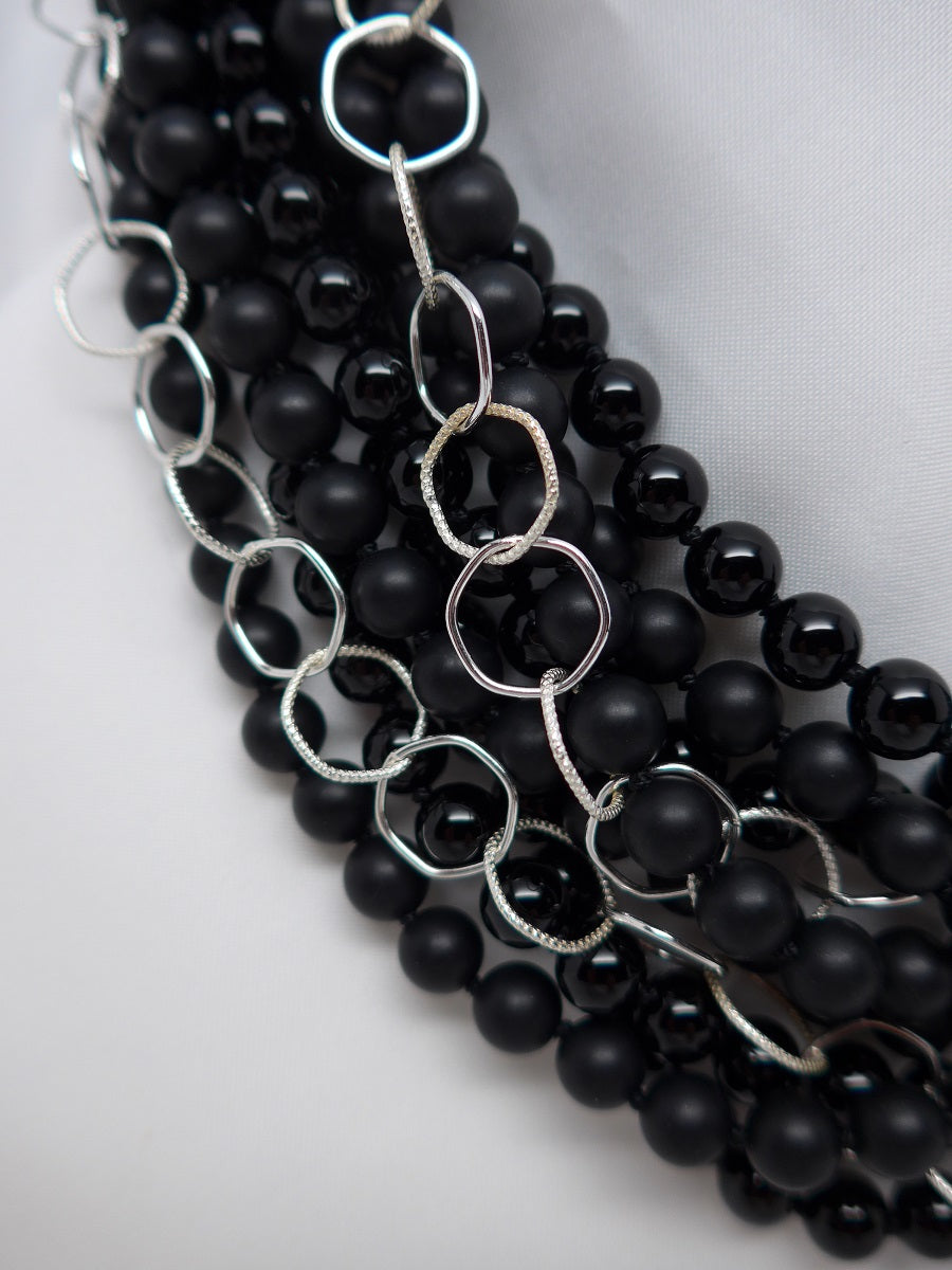 Five Strand Matted and Polished Onyx & Sterling Silver Long Gemstone Necklace