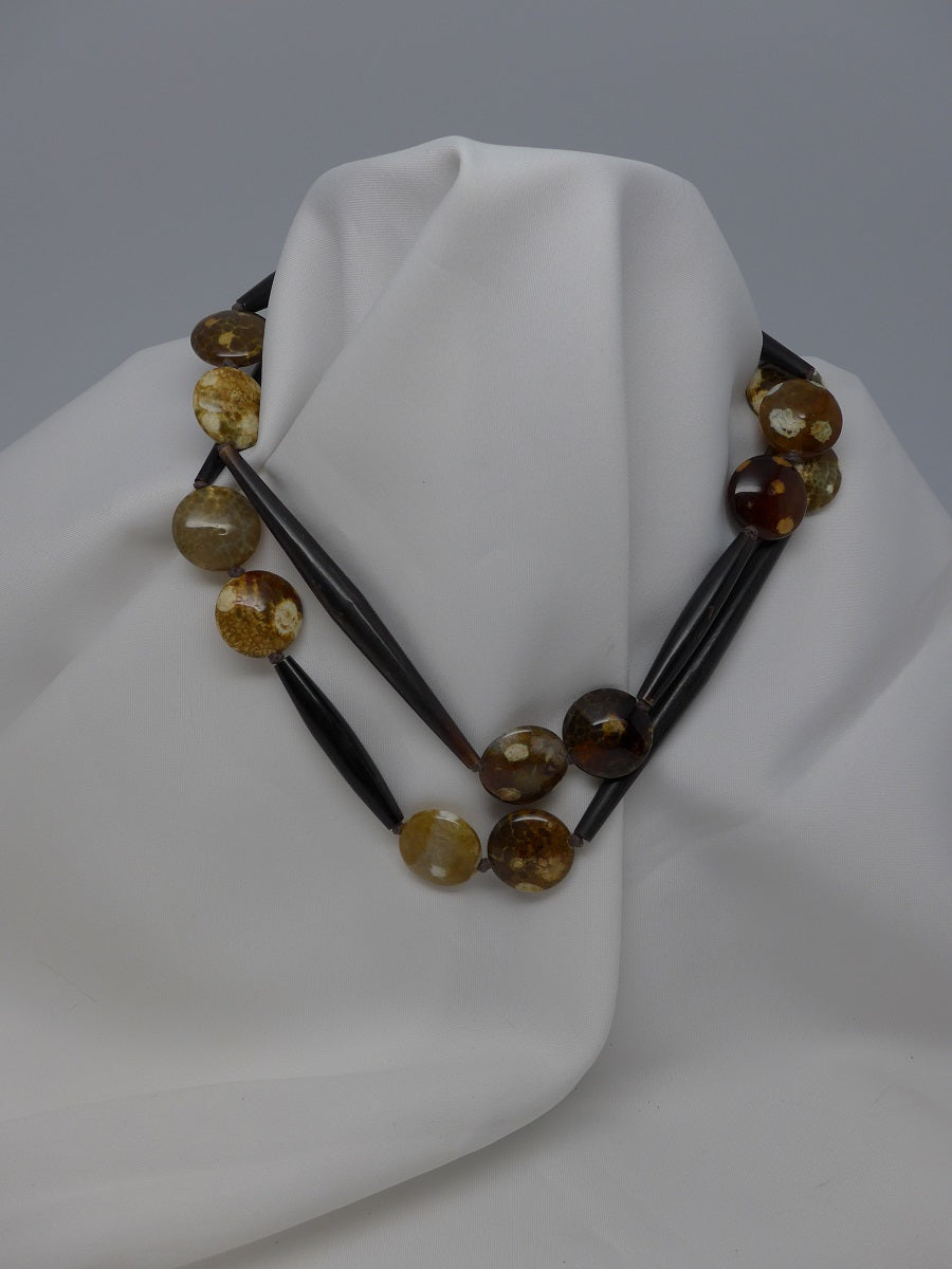 One Strand Agate, Horn & Wood Necklace