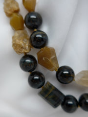 One Strand Blue Tiger Eye & Hemaphyte (Yellow) Long Gemstone Necklace