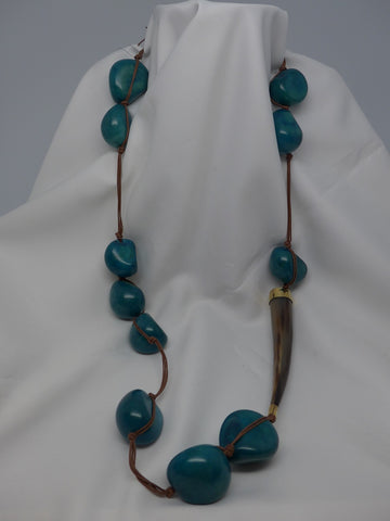 One Strand Horn & Turquoise Color Tagua Seed Long Necklace
