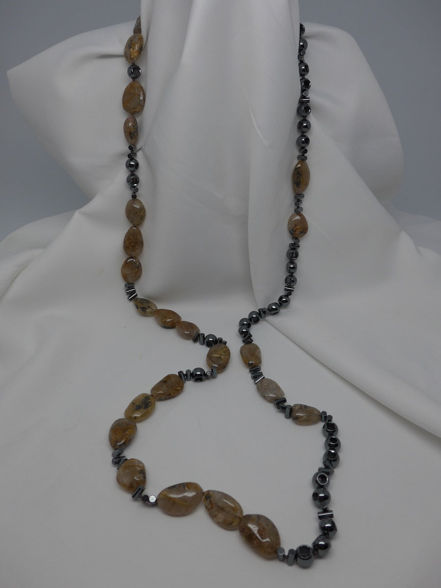 Two Individual Golden Rutilated Quartz and Hematite Long Gemstone Necklace