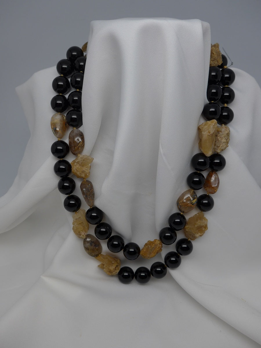 One Strand Black Onyx, Rutilated Quartz, and Hemaphyte Gemstone Necklace