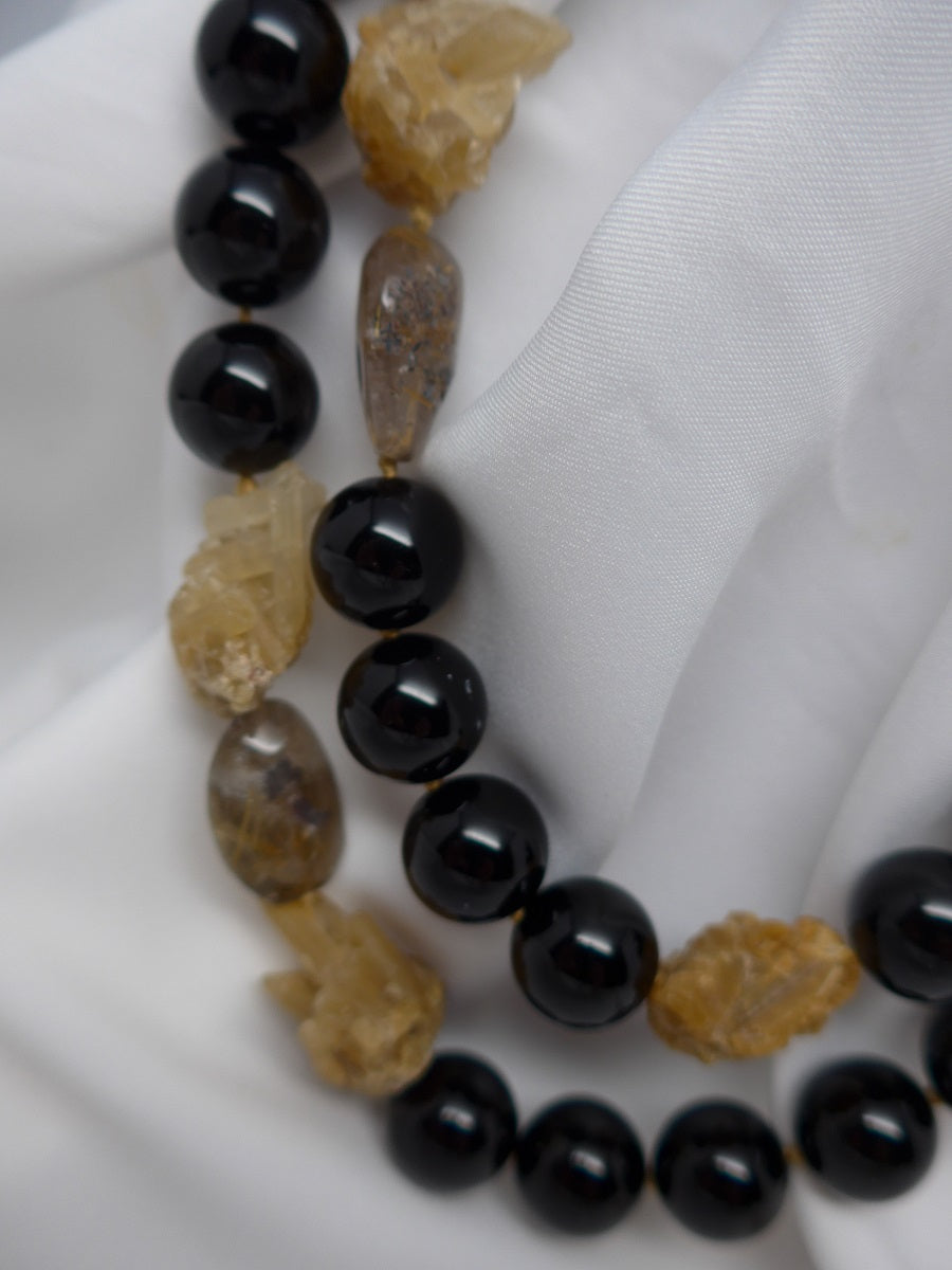 One Strand Black Onyx, Rutilated Quartz, and Hemaphyte Gemstone Necklace
