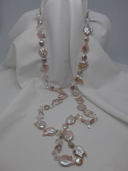 One Strand Natural Keshi Cultured Pearl, Coin Cultured Pearls, Rock Crystal Long Necklace