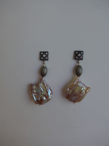 Natural Keshi Pearl and Oxidized Sterling Silver and Cubic Zirconia Post Earrings