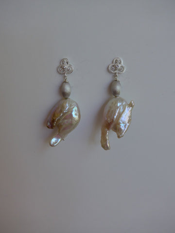 Natural Keshi Pearls and Sterling Silver Cubic Zirconia Post Earrings