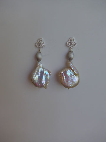 Natural Keshi Pearls Sterling Silver and Cubic Zirconia Post Earrings