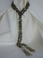 Peacock Green Drop Cultured Pearl Lariat Necklace 925 Vermeil Sterling Silver Tassel