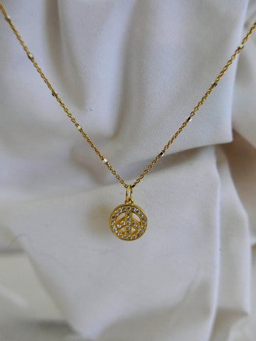 925 Vermeil Sterling Silver Chain with Vermeil Cubic Zirconia Peace Sign Pendant Necklace