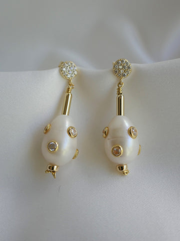 White Cultured Pearls, Cubic Zirconia 925 Vermeil Sterling Silver Post Earrings