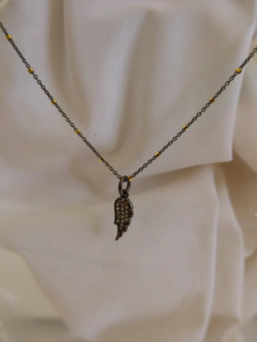 925 Oxidized Sterling Silver & Vermeil Chain with Oxidized Sterling Silver Diamonds Angel Wing Pendant Necklace
