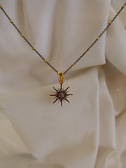 925 Oxidized Sterling Silver & Vermeil  Chain with Oxidized Sterling Silver & Vermeil Diamonds Sun Burst Pendant Necklace