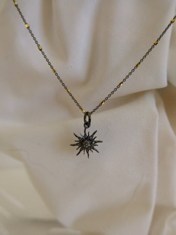 925 Oxidized Sterling Silver & Vermeil  Chain with Oxidized Sterling Silver Diamonds Sun Burst Pendant Necklace