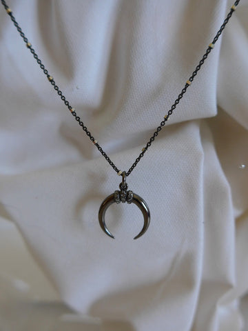 Oxidized Sterling Silver Chain with Oxidized Sterling Silver Crescent Moon Diamond Pendant Necklace