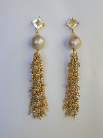 Natural Baroque Cultured Pearls, 925 Vermeil Sterling Silver Pyrite Tassel 925 14k Plated White Topaz Post Earrings