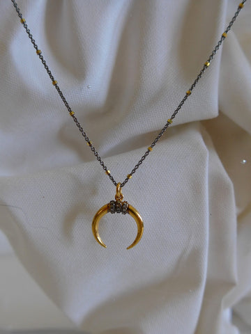 925 Oxidized Sterling Silver Chain with Oxidized Sterling Silver Crescent Moon Diamond Pendant Necklace