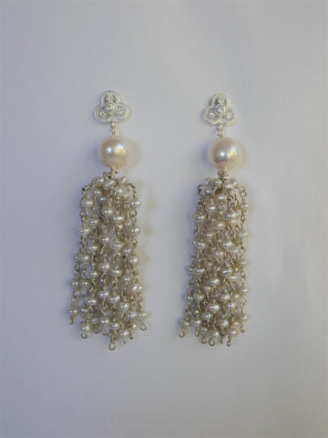 White Cultured Pearls, 925 Sterling Silver Keshi Pearl Tassel Streling Silver Cubic Zirconia Post Earrings