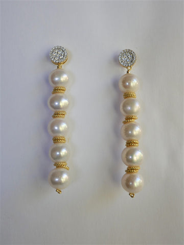 White Almost Round Cultured Pearls 925 Vermeil Sterling Silver Cubic Zirconia Post & Rings Earrings
