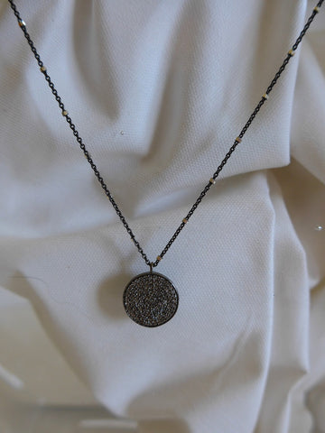 925 Oxidized Sterling Silver Chain with Oxidized Sterling Silver White Topaz Circle Pendant Necklace