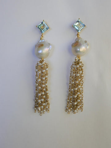 Natural Baroque Cultured Pearls Vermeil Sterling Silver Keshi Pearl Tassel  925 14k Plated Blue Topaz Post Earrings