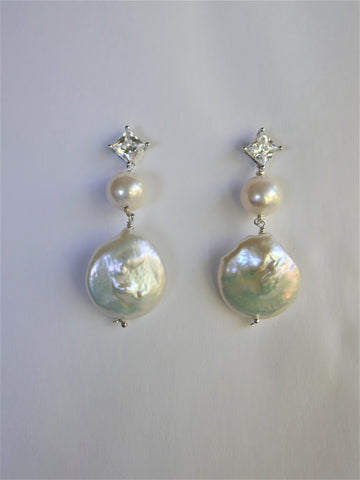 White Cultured Pearls Sterling Silver Cubic Zirconia Post Earrings