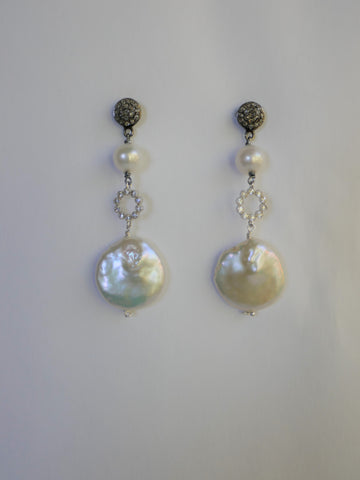 Cultured Pearls Cubic Zirconia Oxidized Silver Diamond Earrings