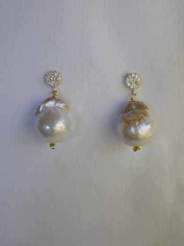 Baroque Cultured Pearls 925 Vermeil Sterling Silver Cubic Zirconia Post Earrings