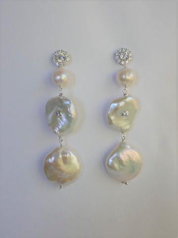 Teared White Cultured Pearl Earrings 925 Sterling Silver Cubicirconia Post