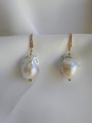 Natural Baroque Cultured Pearl Diamond on 925 18k Gold Plated Sterling Silver Hoop Earrings