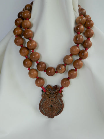 Two Strand 20mm Wood & Carved Jasper Necklace