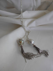 One Strand 925 Sterling Silver Cubic Zirconia Chain, Baroque Cultured Pearls & 925 Sterling Silver Tassel Lariat Long Necklace