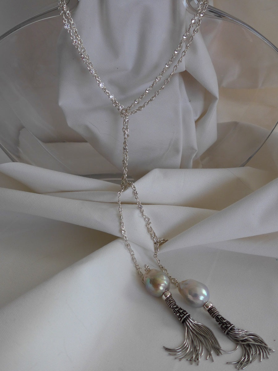 One Strand 925 Sterling Silver Cubic Zirconia Chain, Baroque Cultured Pearls & 925 Sterling Silver Tassel Lariat Long Necklace