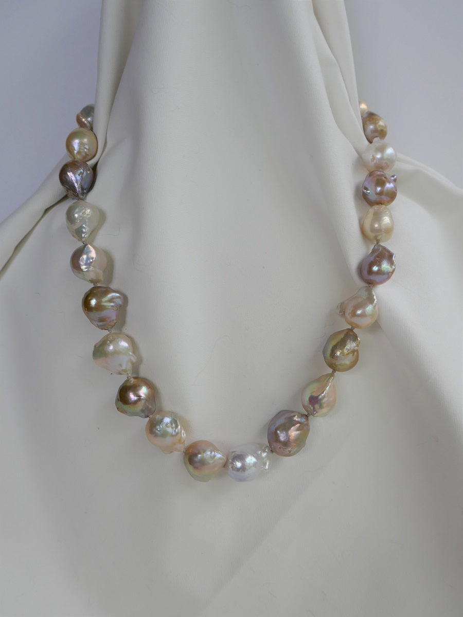 One Strand Natural Tones Baroque Cultured Pearl Necklace 925 Sterling Silver Clasp