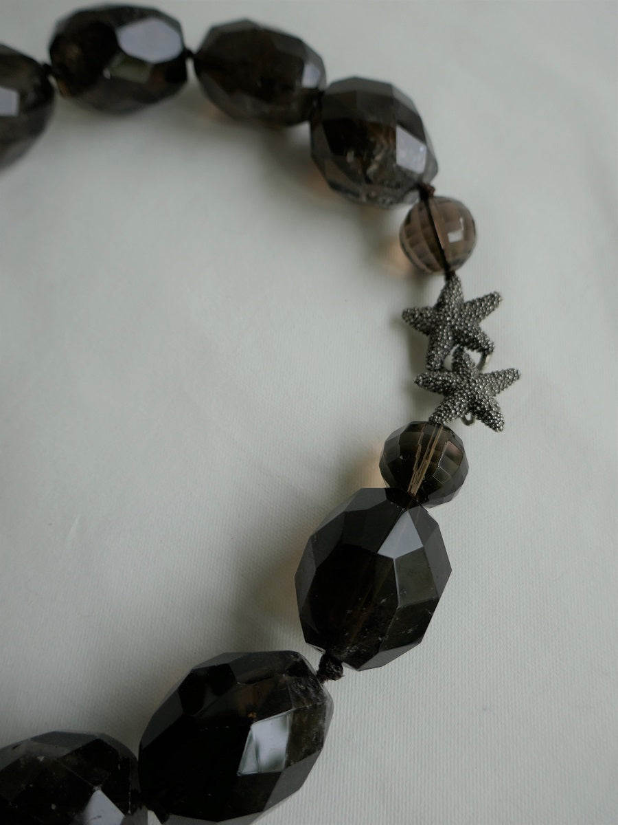 One Strand Smokey Quartz Gemstone Necklace Exlusive Oxidized Silver Starfish Clasp