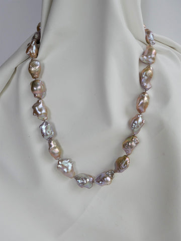 One Strand Natural Tones Oblong Baroque Cultured Pearl Necklace 925 Sterling Silver Clasp