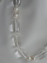 One Strand Rock Crystal Cultured Pearl Gemstone Necklace 925 Sterling Silver Clasp