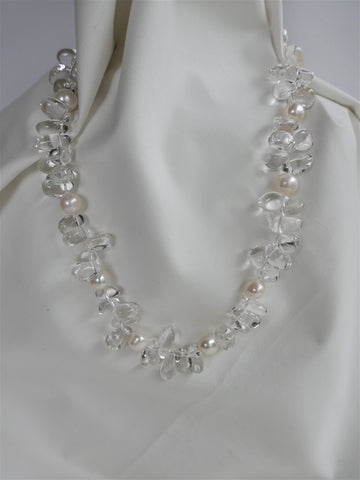 One Strand Rock Crystal Nuggets and Cultured Pearl Gemstone Necklace