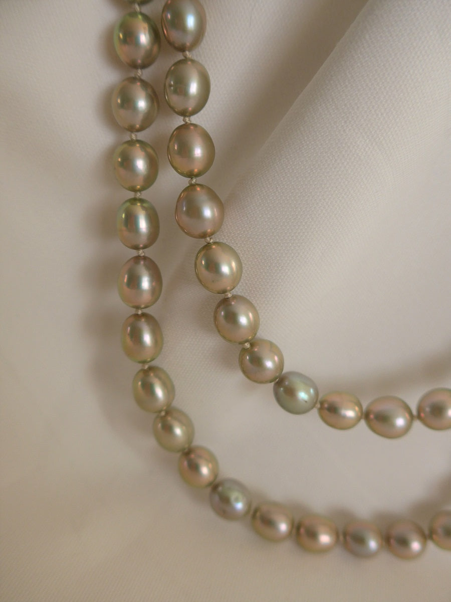 One Strand Six-in-One Platinum Golden Green Long Cultured Pearl Necklace