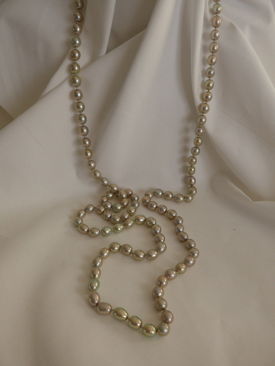 One Strand Six-in-One Platinum Golden Green Long Cultured Pearl Necklace