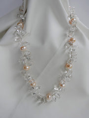 One Strand Rock Crystal Nuggets and Cultured Pearl Gemstone Necklace