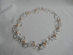 One Strand Rock Crystal Nuggets and Cultured Pearl Gemstone Necklace