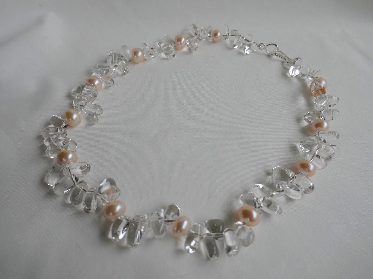 One Strand Rock Crystal Nuggets and Cultured Pearl Gemstone Necklace