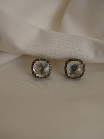925 Oxidized Silver Diamonds and White Topaz Gemstones Post Earrings