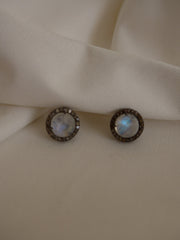 925 Oxidized Silver Diamonds and Raibow Moonstone Gemstones Post Earrings