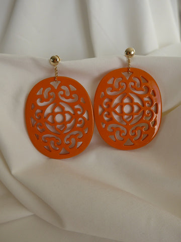 Gold Filled Post Carved Orange Enamel Horn Earrings