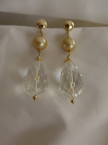 Gold Filled Post Champagne Cultured Pearls Faceted Rock Crystal Drop Gemstones Earrings