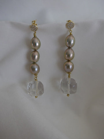925 Vermeil Sterling Silver Platinum Golden Green Cultured Pearls Faceted Rock Crystal Cube Gemstones Earrings
